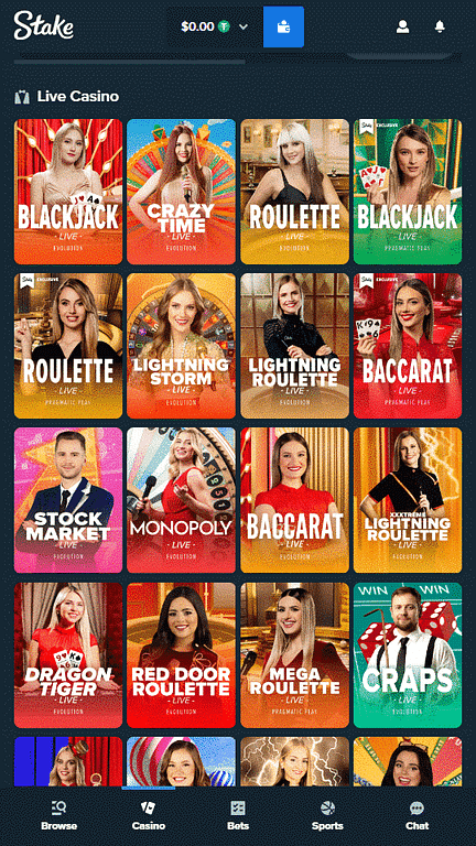 Stake Casino Live Games Section