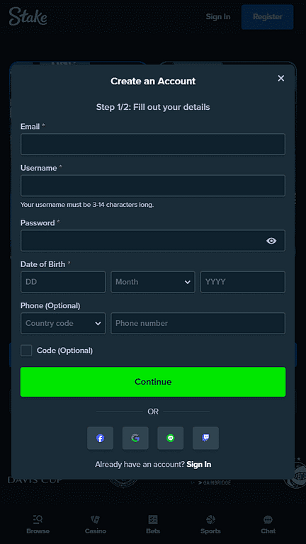 Stake Casino Registration Screen