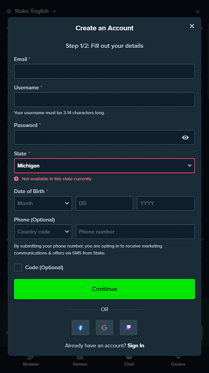 Trying to create an account on Stake.US while in Michigan