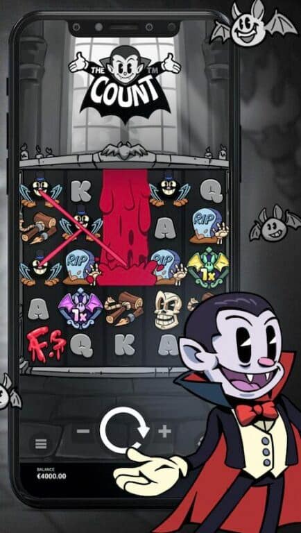 The Count slot game mobile screenshot showing 5x5 grid with vampire-themed symbols, red Bloody Wilds expanding downward, and Count character beside phone