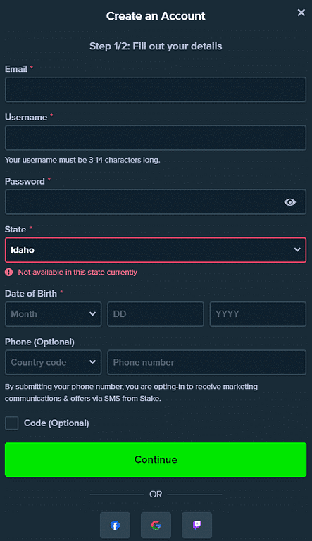 Attempting to create an account on Stake.US while in Idaho