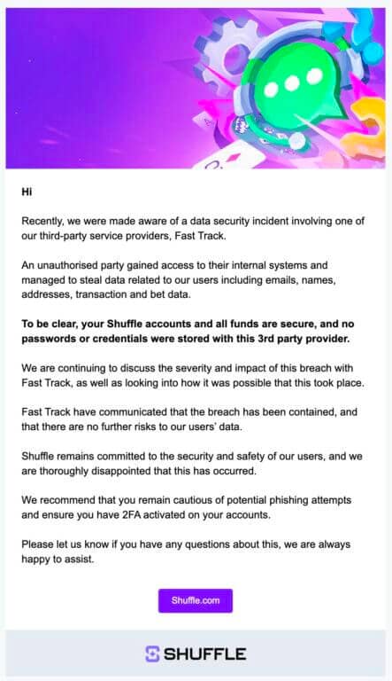 A screenshot of the email received from the Shuffle team regarding the data breach