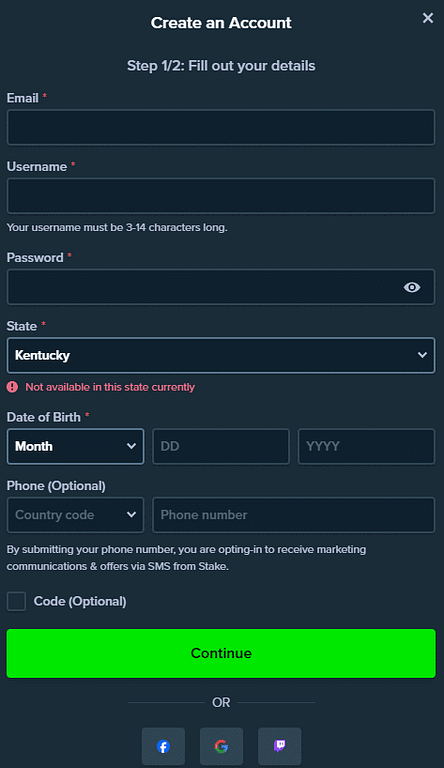 Trying to sign up for Stake.US from Kentucky