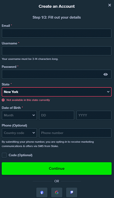 Attempting to sign up for Stake.US while in NY