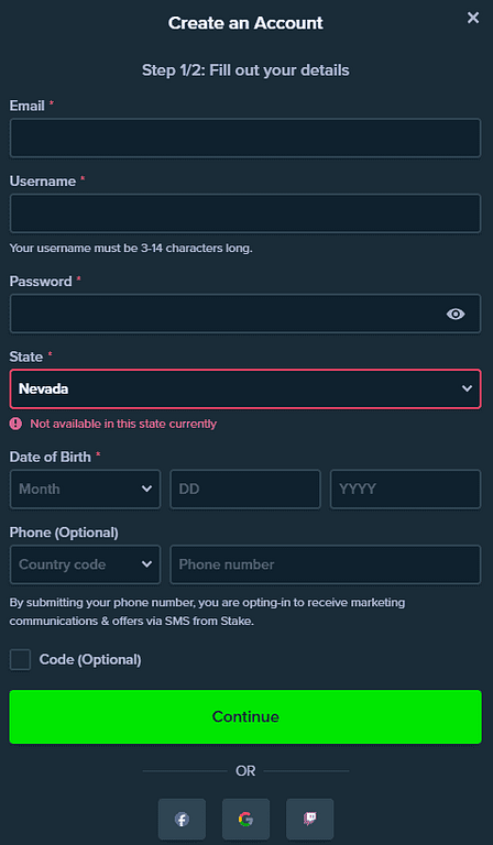 Attempting to create a Stake.US account while in Nevada