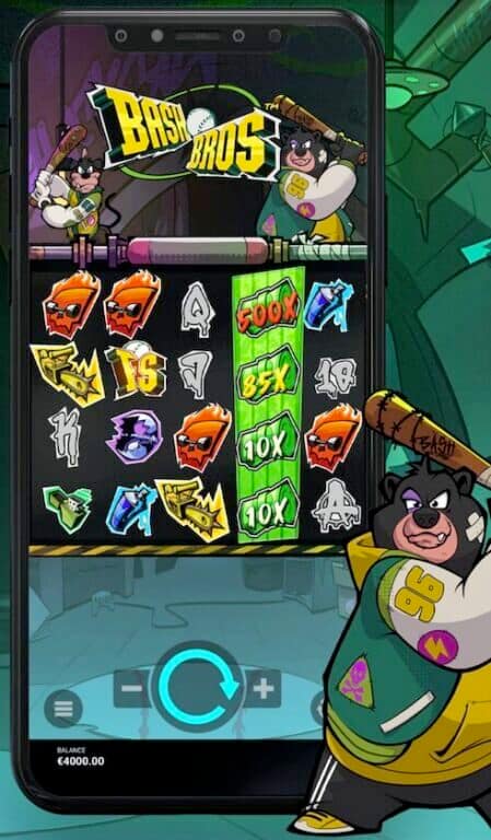 Bash Bros slot game mobile interface showing 5x4 grid with Cash Stacks feature, Oscar and Fred characters, and green cash symbols displaying 10X multipliers
