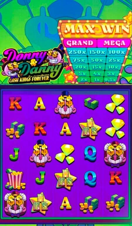 Donny & Danny slot game mobile screenshot showing 5x5 grid with LootLine mechanics, colorful symbols including Donny and Danny characters, money stacks, diamonds, and Cash Board display