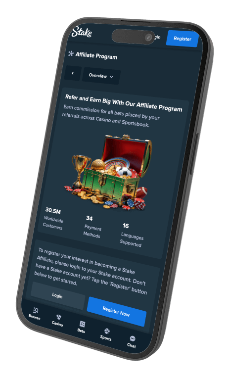 Screenshot of Stake Casino Affiliate Program registration page showing a treasure chest filled with sports balls, casino chips, and gold coins against a dark blue background with program statistics.