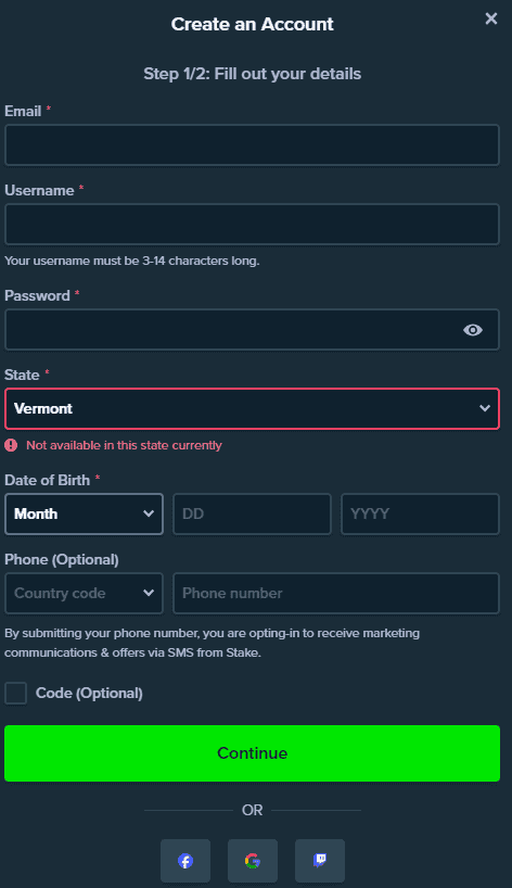 Attempting to create an account on Stake.US from Vermont