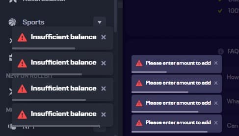 Side-by-side comparison of Rollbit's "Insufficient balance" notifications (left) and Luck.io's "Please enter amount to add" notifications (right), showing identical warning triangle icons and notification styling