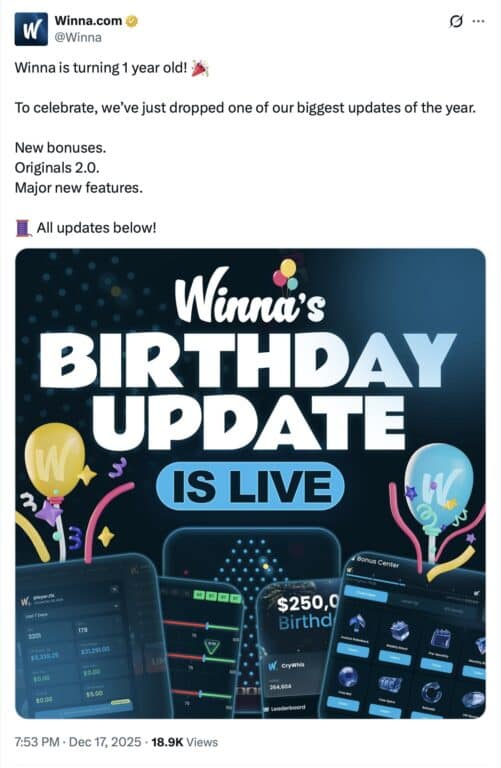 Screenshot of a tweet from Winna.com's official Twitter account posted at 7:53 PM on December 17, 2025, announcing their first birthday update with new bonuses, Originals 2.0, and major new features. The post received 18,900 views.