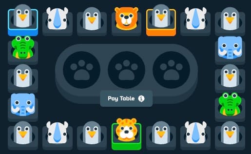 Zoo casino game circular track showing 20 tiles with six animals — penguins, rhinos, crocodiles, elephants, lions and cheetahs — surrounding three paw print result slots and a Pay Table button