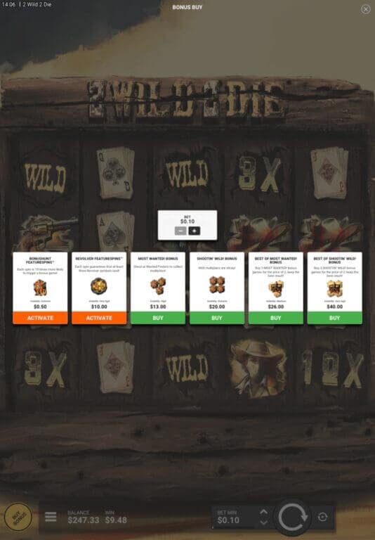 2 Wild 2 Die bonus buy menu displaying six purchase options ranging from $0.50 Bonus Hunt Free Spins to $40.00 Best of Shootin' Wild Bonus, with orange Activate and green Buy buttons