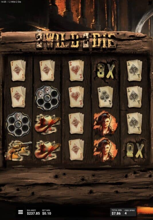 2 Wild 2 Die four-scatter bonus round in progress showing western-themed symbols including revolver cylinders, playing cards, cowboy hats, and character portraits with 4 free spins remaining and $7.86 total win