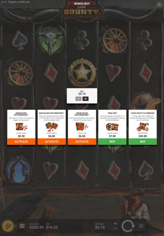 Bullets and Bounty bonus buy menu displaying five options: Bonus Hunt Feature Spins ($0.30), Bad Blood Feature Spins ($6.00), Draw or Die Feature Spins ($6.00), True Grit ($7.00), and Four Shots to Freedom ($20.00)