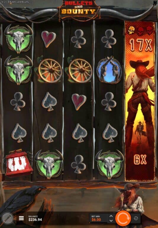 Bullets and Bounty gameplay showing an expanded wild reel with stacked 17x and 6x multipliers, featuring western symbols including bull skulls, wagon wheels, playing cards, and character portraits