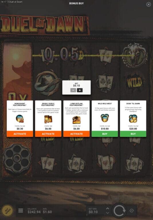 Duel at Dawn bonus buy menu showing five options: Bonus Hunt Feature Spins ($0.30), Deadly Duels Feature Spins ($6.00), Lone Outlaw Feature Spins ($6.00), Wild Wild West ($10.00), and Dusk 'Til Dawn ($20.00)