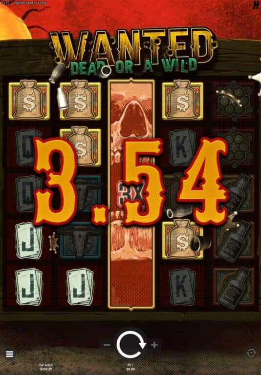 Wanted Dead or a Wild slot game showing a 3.54x win with money bag symbols and VS multiplier symbol on a dark western-themed grid