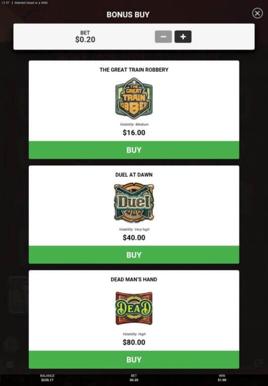 Bonus buy menu for Wanted Dead or a Wild slot showing three purchase options: The Great Train Robbery for $16, Duel at Dawn for $40, and Dead Man's Hand for $80