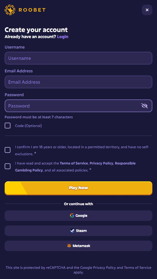 Roobet Registration Form