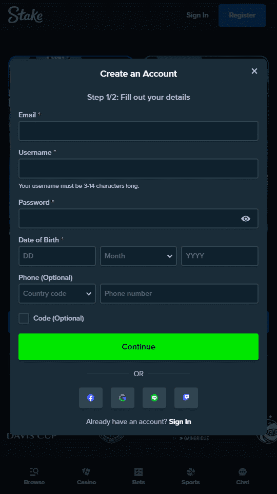 Stake Casino Registration Screen