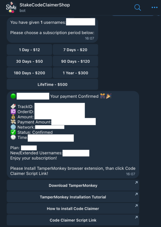 Screenshot of StakeCodeClaimerShop Telegram bot showing subscription pricing options and payment confirmation with installation instructions
