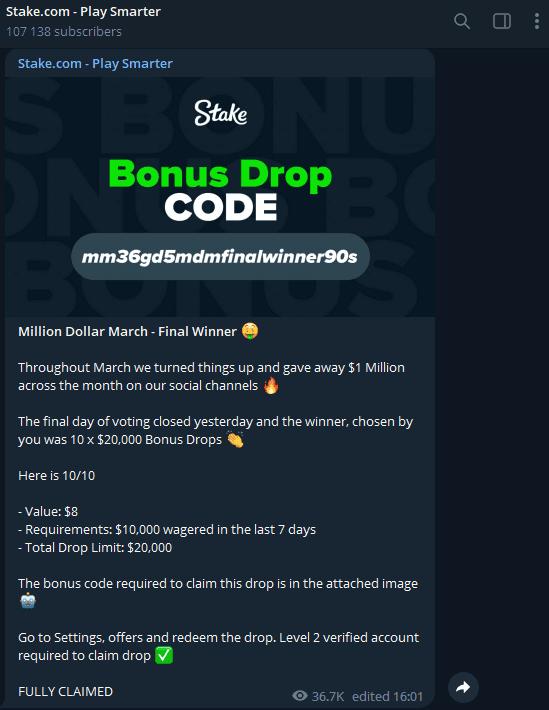 Stake Casino Telegram Bonus Code