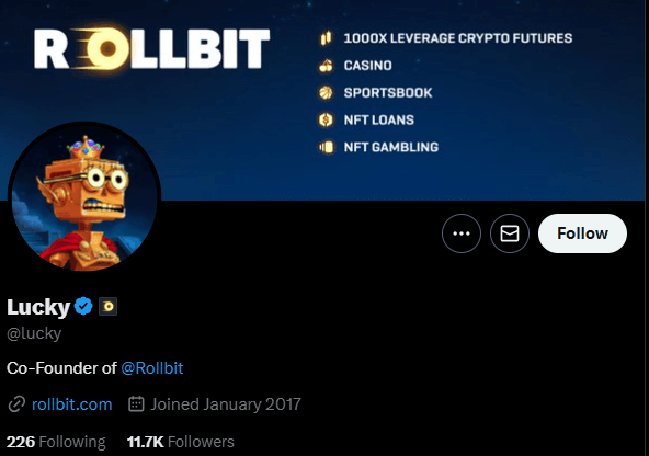 Twitter/X profile of Lucky, verified co-founder of Rollbit, showing profile with 11.7K followers, joined January 2017, displaying Rollbit's services including 1000x leverage crypto futures, casino, sportsbook, NFT marketplace, and NFT gambling