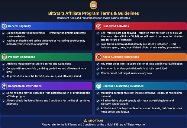 BitStarz Affiliate Program Terms & Guidelines: Essential compliance information for crypto casino marketers including eligibility requirements, prohibited activities, compliance standards, age restrictions, geographical limitations, and marketing guidelines to ensure successful partnership.