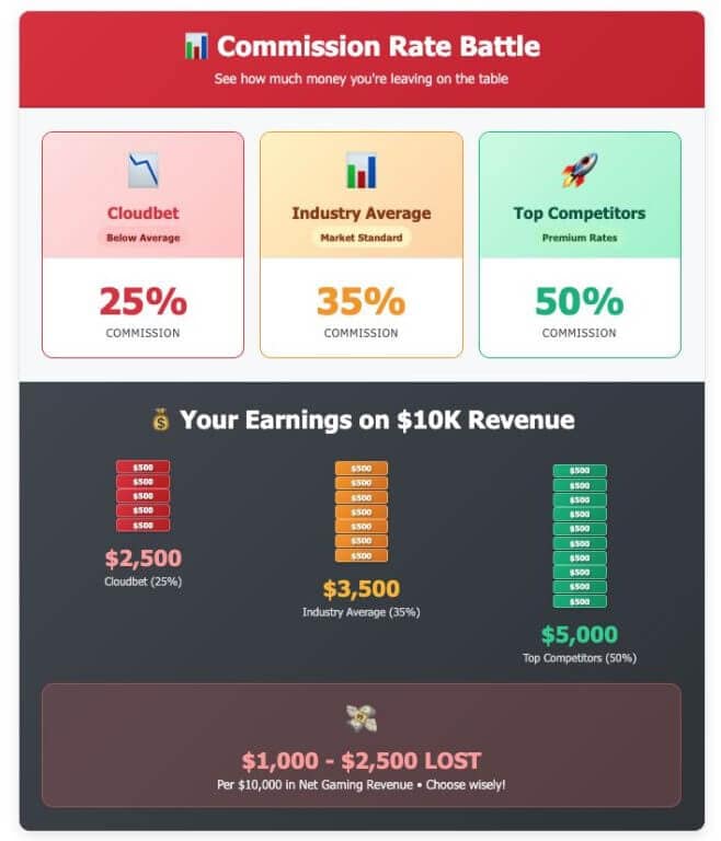 Commission rate comparison infographic showing Cloudbet's 25% rate versus industry average 35% and top competitors 50%, with visual money stacks demonstrating $1,000-$2,500 earnings loss per $10K revenue