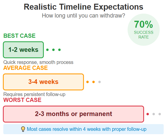 Bar chart showing Telegram Wallet resolution timelines: Best case 1-2 weeks (green), Average case 3-4 weeks requiring follow-up (orange), Worst case 2-3 months or permanent (red), with 70% overall success rate displayed in a circle