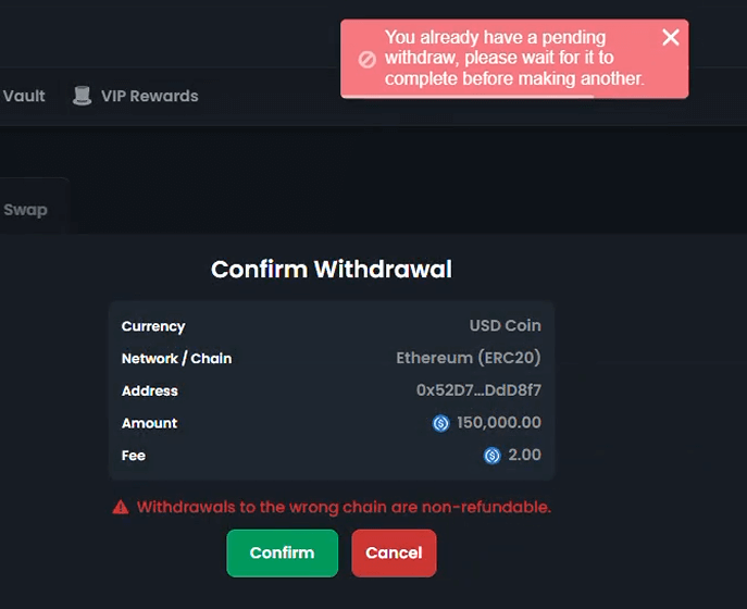 Error message from chips.gg not allowing multiple withdraws at once