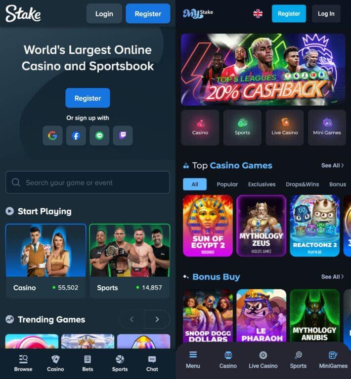 Side-by-side comparison of Stake.com and MyStake casino homepages showing their similar dark-themed interfaces, casino game selections, and branding