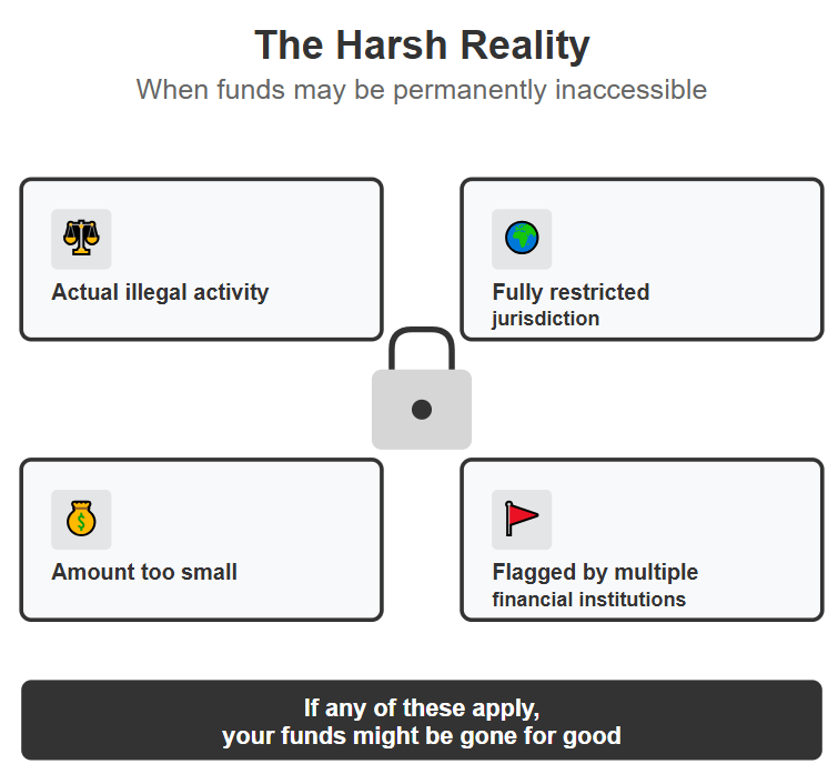 Infographic showing 4 scenarios where Telegram Wallet funds may be permanently lost: actual illegal activity beyond gambling, fully restricted jurisdiction, amounts too small to process, and being flagged by multiple financial institutions, all connected to a central lock icon