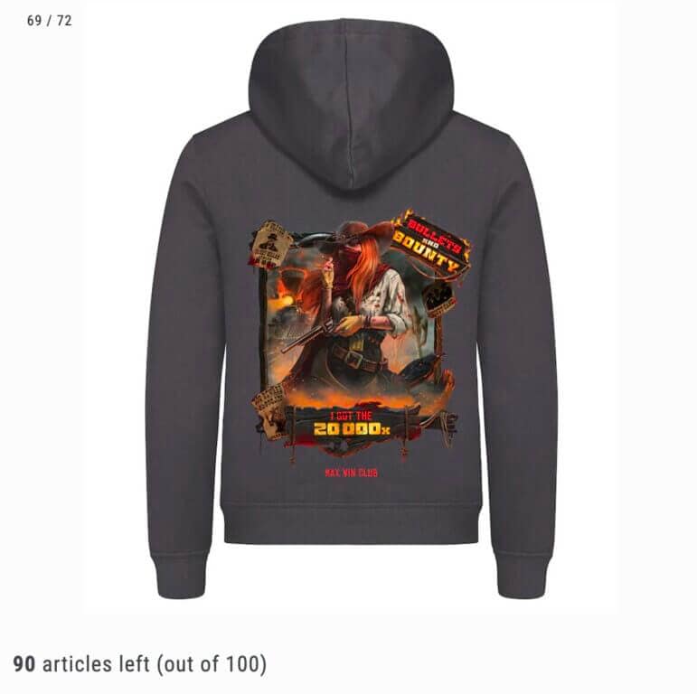 ray hoodie featuring Hacksaw Gaming's Max Win Club design with Bullets and Bounty western artwork showing cowboy characters and "I GOT THE 20,000x" text