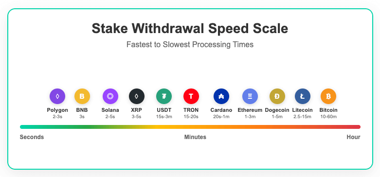 Stake.com cryptocurrency withdrawal speed comparison chart showing 11 cryptocurrencies arranged from fastest to slowest: Polygon (2-3s), BNB (3s), Solana (2-5s), XRP (3-5s), USDT (15s-3m), TRON (15-20s), Cardano (20s-1m), Ethereum (1-3m), Dogecoin (1-5m), Litecoin (2.5-15m), and Bitcoin (10-60m)