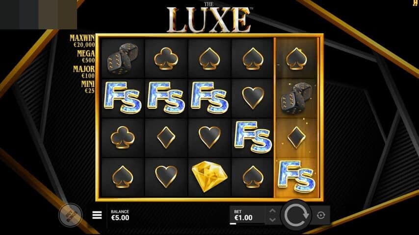 The Luxe base game displaying five FS scatter symbols required to trigger the Velvet Nights Hidden Epic Bonus
