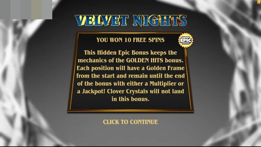 Velvet Nights Hidden Epic Bonus notification screen explaining the enhanced features