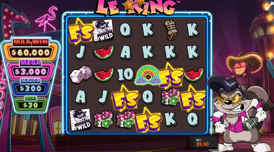 Le King base game showing 5 FS scatter symbols and a Neon Rainbow symbol with the mischievous raccoon character in a Vegas casino setting