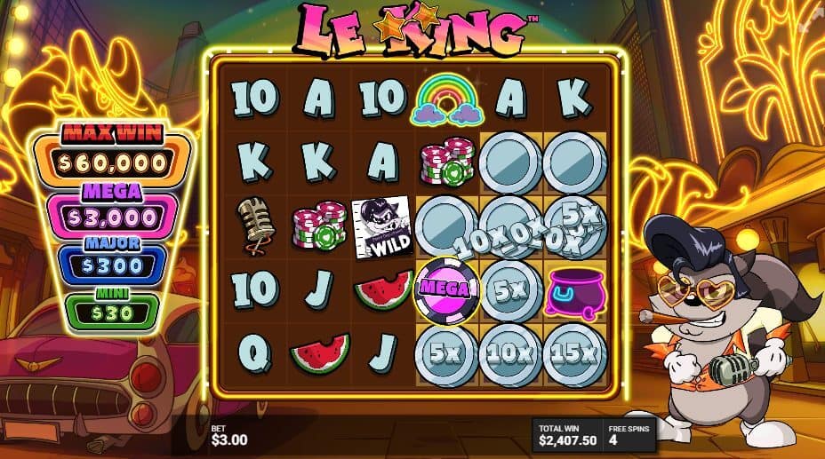 Le King Hidden Epic Bonus gameplay showing multiple Silver coins (5x, 10x, 15x values) with the Neon Rainbow symbol and MEGA jackpot display showing $3,000