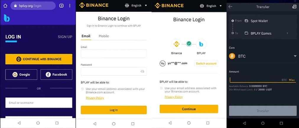 Вход и депозит в BPlay через Binance